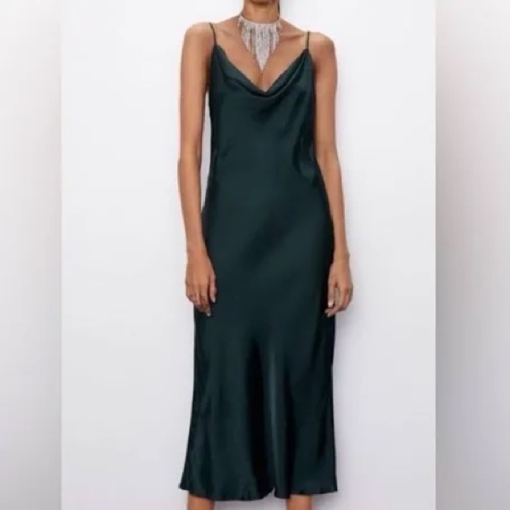 Zara Deep Emerald Satin Cowl Slip Dress